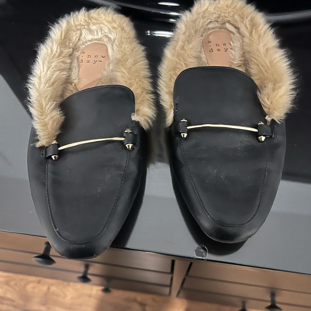 A New Day Black and Cream Loafers with Fur Lining